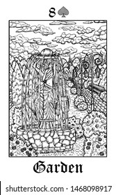 Garden. Tarot card from vector Lenormand Gothic Mysteries oracle deck. Black and white engraved illustration. Fantasy and mystic line art drawing. Gothic, occult and esoteric background