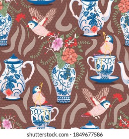 Garden Tea Blue Classic Crockery, Birds and Blooms Vector Seamless Pattern