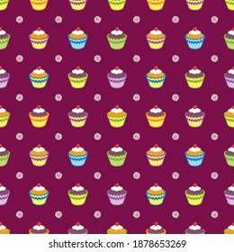 Garden tea party inspired seamless geometric pattern featuring colourful cupcakes and daisies on a dark red background.