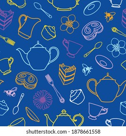 Garden tea party seamless vector pattern background. Perfect for fabric, scrapbooking, wallpaper projects.