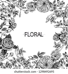 Garden tender english roses frame. Vintage botanical hand drawn illustration. Spring flowers around of place for text. Wild flowers blossom branch frame with seamless pattern. Vintage botanical hand