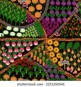 Garden texture. Seamless gardening pattern.Garden and vegetable garden plan. Vegetables in the garden