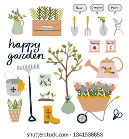 Garden Theme. Cute Doodle With Objects And Gardening Equipment