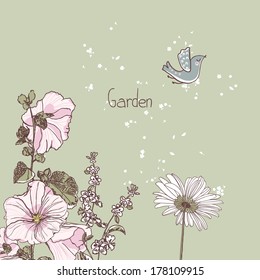garden theme, hollyhock, basil and daisy
