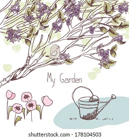 temática del jardín, lilas y amapolas