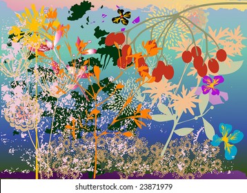 garden theme using combination of botanical silhouettes and grunge elements: grouped for easy editing