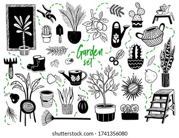 Garden themed doodle set. Hand drawn vector illustration