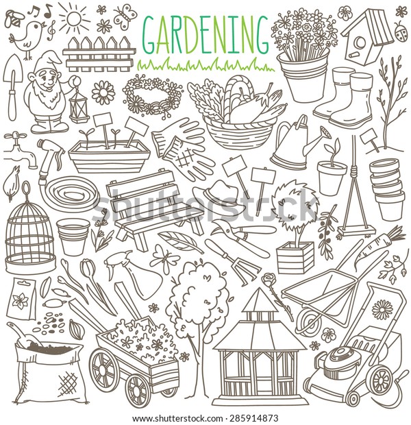 Garden Themed Doodle Set Various Equipment And Facilities For