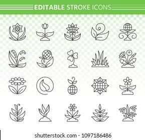 Garden thin line icons set. Outline web sign kit of flower. Plant linear icon collection includes sprout, grass, lily. Editable stroke pictogram without fill. Garden simple vector symbol