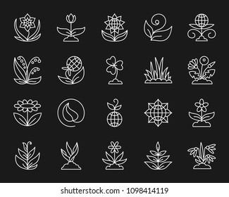 Garden thin line icons set. Outline monochrome web sign kit of flower. Plant linear icon collection includes sprout, growth, seedling. Simple garden white symbol vector Illustration