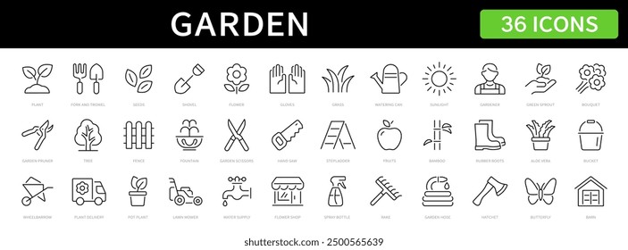 Garden thin line icons set. Gardening, plant, tree, flower, grass, fence editable stroke icon. Vector