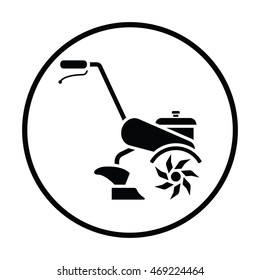 Garden tiller icon. Thin circle design. Vector illustration.