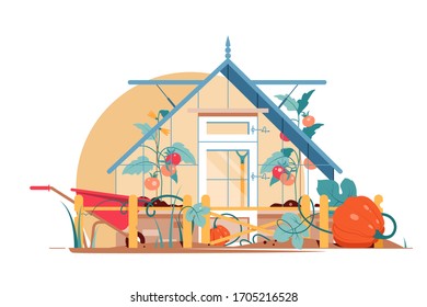 Garden with tomatoes and pumpkins vector illustration. Equipment for vegetable garden care flat style. Agriculture and organic products concept. Isolated on white background