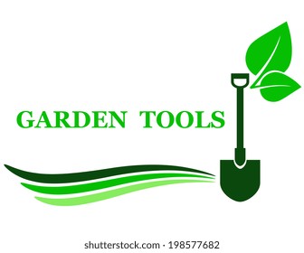 garden tool background with shovel and green leaf