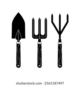 garden tool elements in modern decoration style, garden tool-themed vector illustration. Monochrome style.