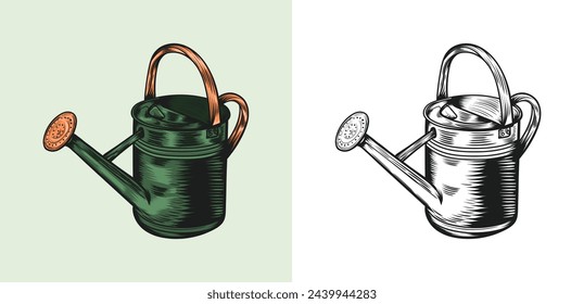 Garden tool gardening watering can Vintage hand drawn vector illustration.