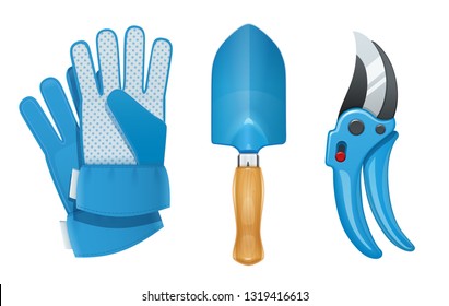 Garden tool for gardening work. Glove, shovel, pruner. Kitchen garden. Agriculture implement. Isolated white background. Eps10 vector illustration.