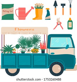 Garden tool for house plant vector illustration set. Cartoon flat mobile flower farmer shop, car van with houseplants in pots, items for worker toolbox, gardening hand drawn icons isolated on white