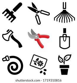 Garden tool icon collection - vector outline and silhouette illustration