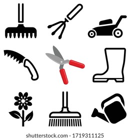 Garden tool icon collection - vector outline and silhouette illustration