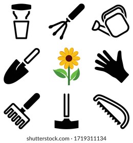 Garden tool icon collection - vector outline and silhouette illustration