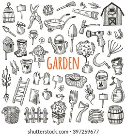 Garden tool icon set. Hand drawn vector illustration. Freehand sketches isolated equipment.