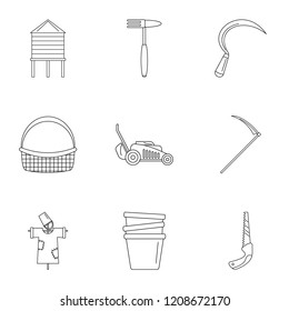 Garden tool icon set. Outline set of 9 garden tool vector icons for web design isolated on white background