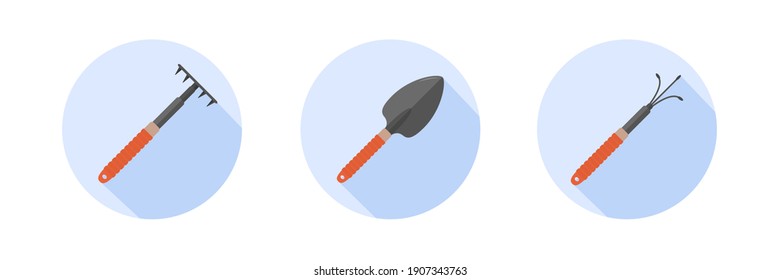 Garden tool icons. Shovel, rake and hand cultivator isolated on white background. Vector illustration in flat cartoon style. Domestic orangery and care concept. Gardening and farming hobbies.