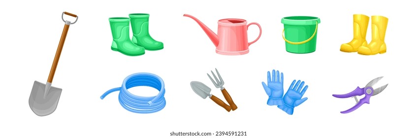 Garden Tool and Instrument with Rubber Boot, Bucket, Watering Can, Hose and Pruner Vector Set