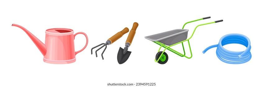 Garden Tool and Instrument with Watering Can, Trowel, Wheelbarrow and Hose Vector Set