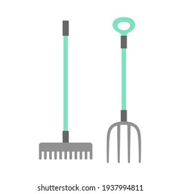 kit de herramientas de jardín, rake y pitchfork color de ilustración vectorial aislado en fondo blanco, conjunto con rastrillo de dibujos animados, horquilla de cocina