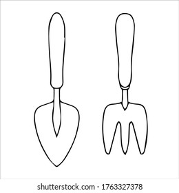 Garden tool kit, shovel, rake, pitchfork line vector illustration isolated on white background