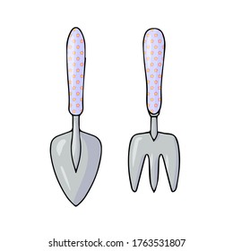 Garden tool kit, shovel, rake, pitchfork line vector illustration isolated on white background
