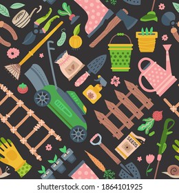 Garden tool and materials seamless pattern. Vector illustration of gardening elements. Happy spring fabric design.