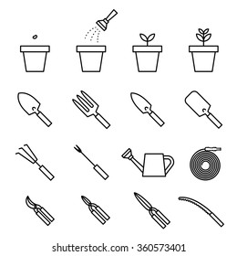 Garden tool and plant icon set black and white color isolated on white background