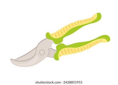 Garden tool for pruning branches and plants, metal pruning shears with green handles. Vector drawing isolated on white background for gardening, decoration, posters, magazines, shops