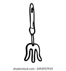 Garden tool rake hand drawn in doodle style. Hobby gardening. Mini pitchforks. Vector line art illustration.