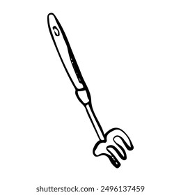 Garden tool rake hand drawn in doodle style. Hobby gardening. Mini pitchforks. Vector line art illustration.