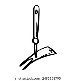 Garden tool root hoe hand drawn in doodle style. Hobby gardening. Vector line art illustration.