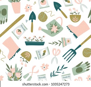 Garden Tool Seamless Pattern. Vector Illustration Of Gardening Elements. Happy Gardening Fabric Design.
