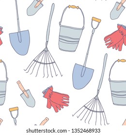 Garden tool seamless pattern. Vector illustration of gardening elements. Happy gardening fabric design. - Vector