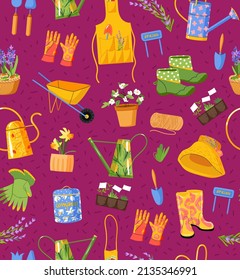 Garden tool seamless pattern. Vector illustration of garden elements: spade, wheelbarrow, plants, watering can, rubber boots, flowers, lavender, garden gloves and pots. Spring time background