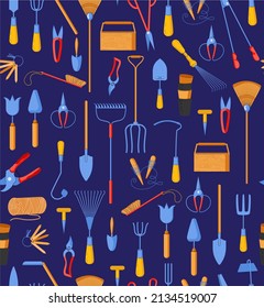 Garden tool seamless vector pattern. Spring garden equipment spade, shovel, rake, hoe, pitchfork, pruner, scissors, brush, box, broom on blue background