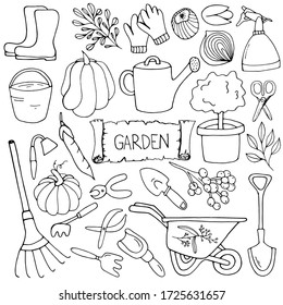 Garden tool. Separate elements for gardening. Vector isolated illustration with a shovel, bucket, gloves, rake, plant, cart, scissors, vegetables on a white background. Garden elements - Doodle style.