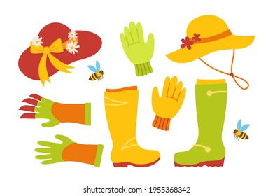 Juego de herramientas de jardín. Boots y sombrero, abejas, guantes de rastrillo, herramientas de actividades al aire libre. Equipo de trabajo, Jardinería rural, Recogida de equipo de construcción. Ilustración de vector jardín dibujado a mano
