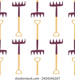 garden tool set care colored shovel fork broom pattern textile background