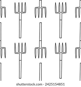 Gartenwerkzeug-Satz Pflege Linie Doodle Schaufel Gabel Besen Muster Textilhintergrund