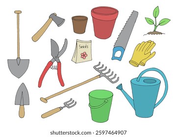 Garden tool set color isolated illustration vector 
