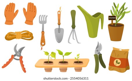 Garden tool set. Gardening tools and plants in pots. Bundle of equipment for home plants reporting. Big set of garden elements and tools. Hand draw vector illustration isolated on the white background