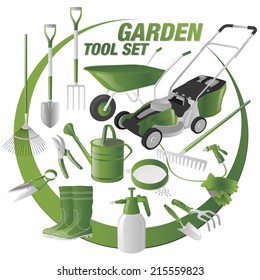 Garden Tool Set Green Vector Illustration 